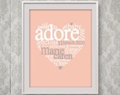 Baby Birth Print, Nursery Art Print, Personalized Gift for new Mom, Mum, New Parent Gift , 8x10 Heart Typography, pale Pink and Gray