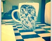 Owl Coffee Mug, Owl Art, Black and White Painting