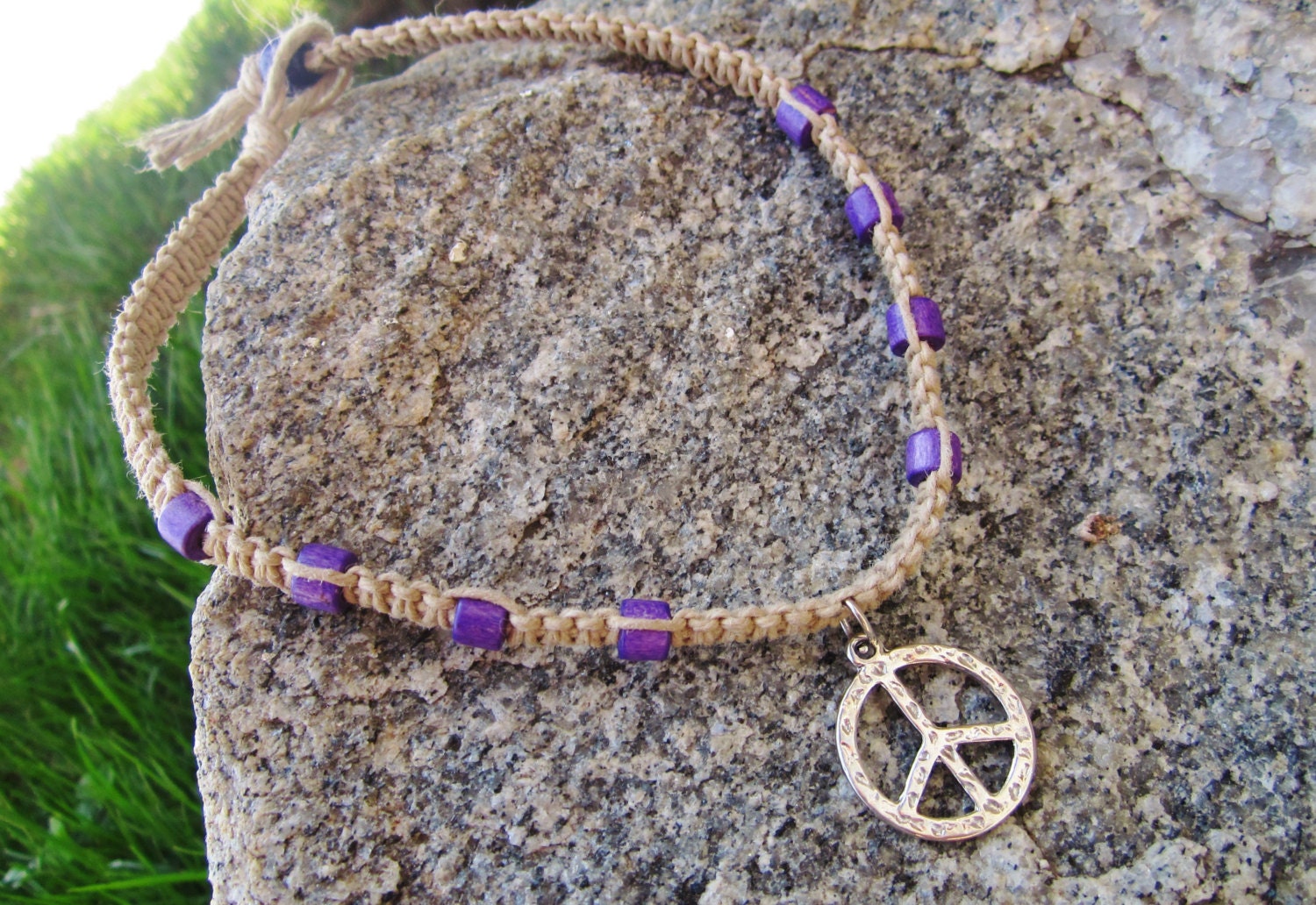 Kids Necklace Peace Sign Macrame Hemp Purple Wooden Beads Natural Eco-Friendly
