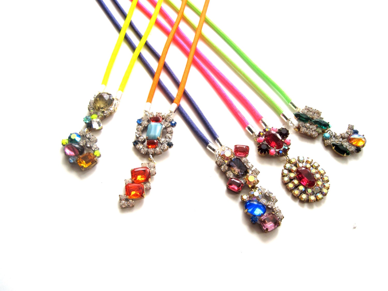 PINK - Neon statement necklace - painted rhinestone necklace, neon pendant necklace