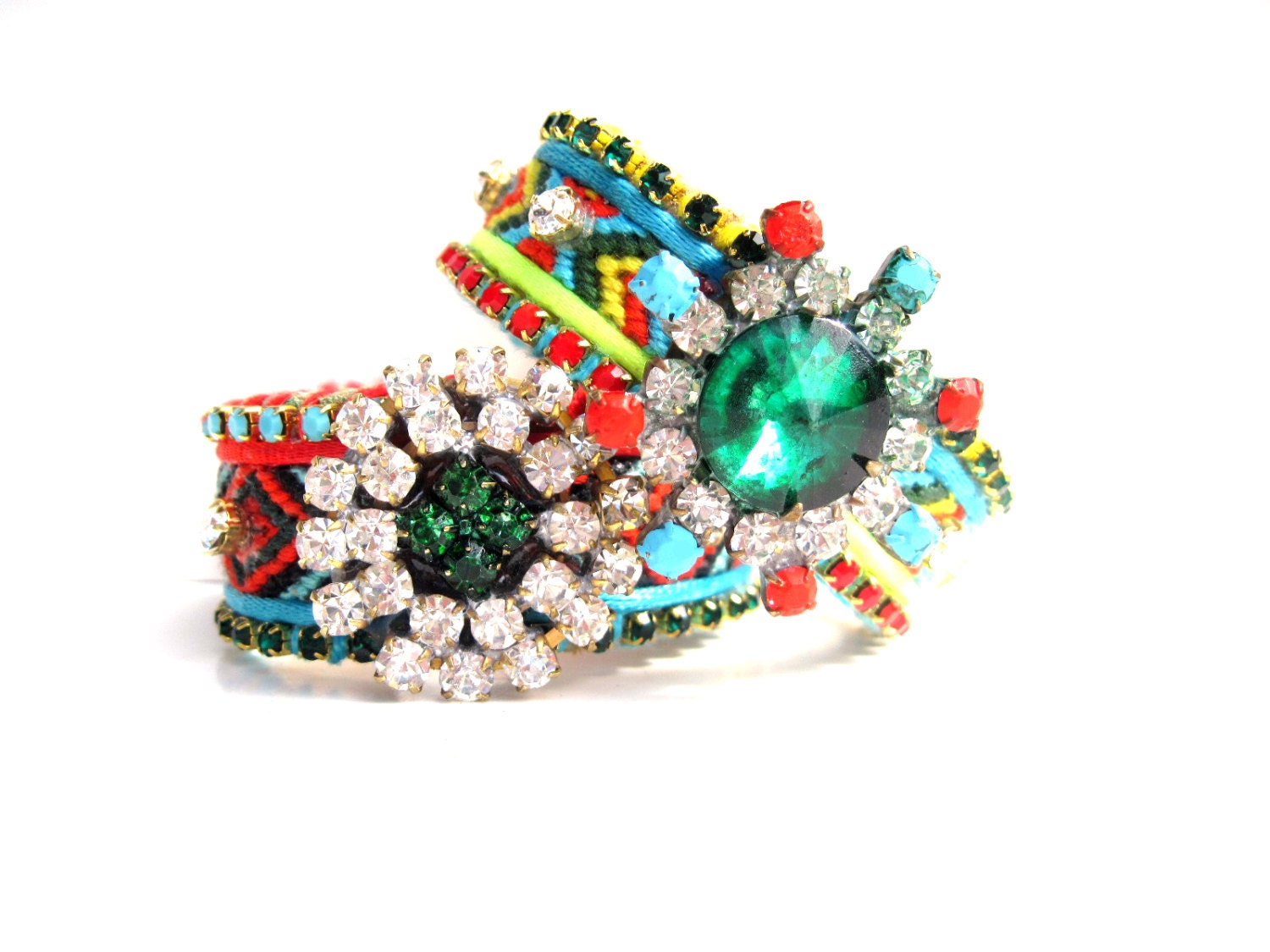 Neon friendship bracelet cuff - friendship cuff, rhinestone friendship bracelet, boho friendship cuff