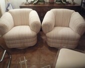 Vintage Pair Milo Baughman Style Club Barrel Lounge Chairs Swivel Platform Hollywood Regency Mid Century Modern