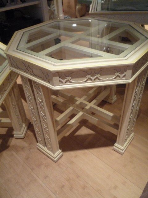 Vintage Chinese Chippendale fret work Fretwork Chinoiserie Hollywood Regency End Side Table Asian Glass Mid Century Modern Palm Beach