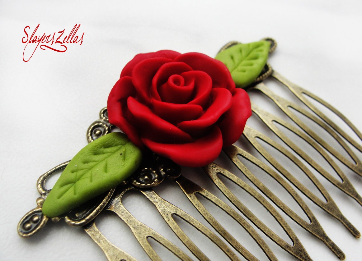 Gothic floral comb with red handmade polymer clay rose and green leaves