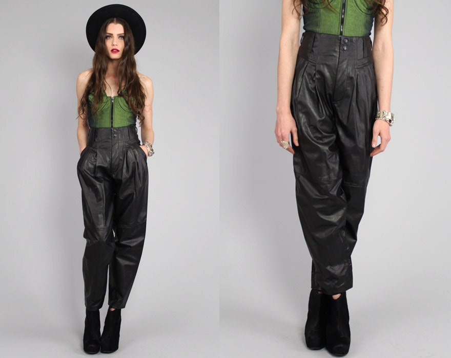 Vtg 80s Black Leather Futuristic High Waist Harem Pants S-M