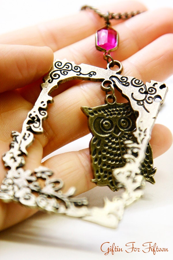 Unisex Vintage Style Jewelry, Framed Owl Necklace, Antique Bronze Plated, Acrylic Beads, Steampunk, Nerdy Jewelry by Giftin For Fifteen