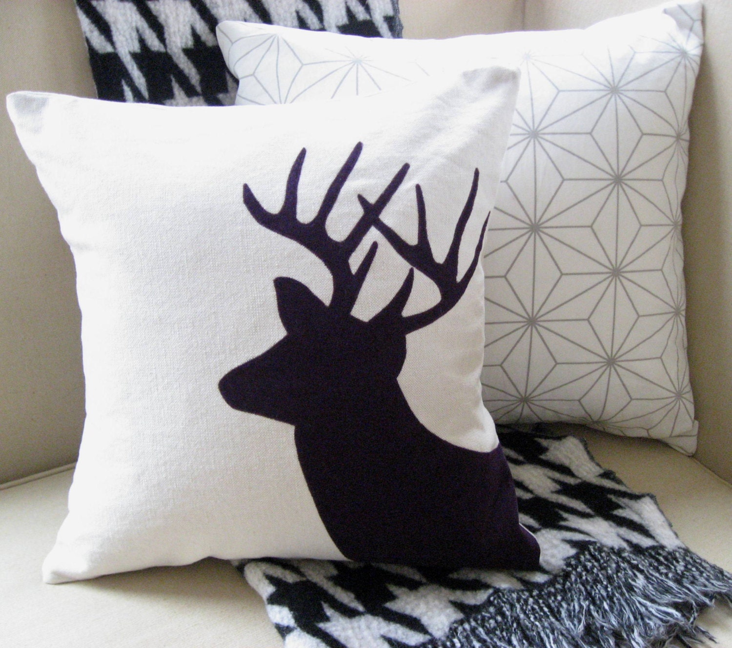 Deer Decorative Pillow Cover Modern Appliqued Buck by VixenGoods