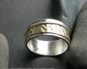 Sterling silver ring band with textured gold colored brass over lay, unique design, mixed metals,  size 6 and 3/8