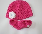 Hats Crochet baby beanie hat and Mary Jane shoes in Fuschia pink and white natural bamboo and cotton mix. Newborn baby to 6 months appx