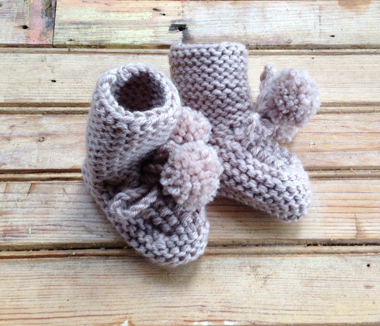 Hand Knitted Pure Wool Pom Pom Booties NATURAL