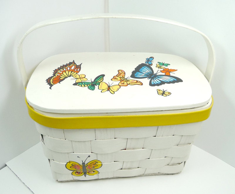 Vintage Wicker Butterfly Purse by Caro Nan - White Decopage Basket w Hinged Lid