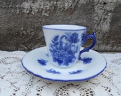 Blue Transferware Tea Cup and Saucer - Demitasse Cup and Saucer - Ironstone - Blue Transferware - England - Floral
