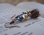 Vintage-Inspired Cream and Turquoise Blue Pearl Dangle Earrings in Antiqued Copper - Long Earrings - Handmade Jewelry - Ready to Ship