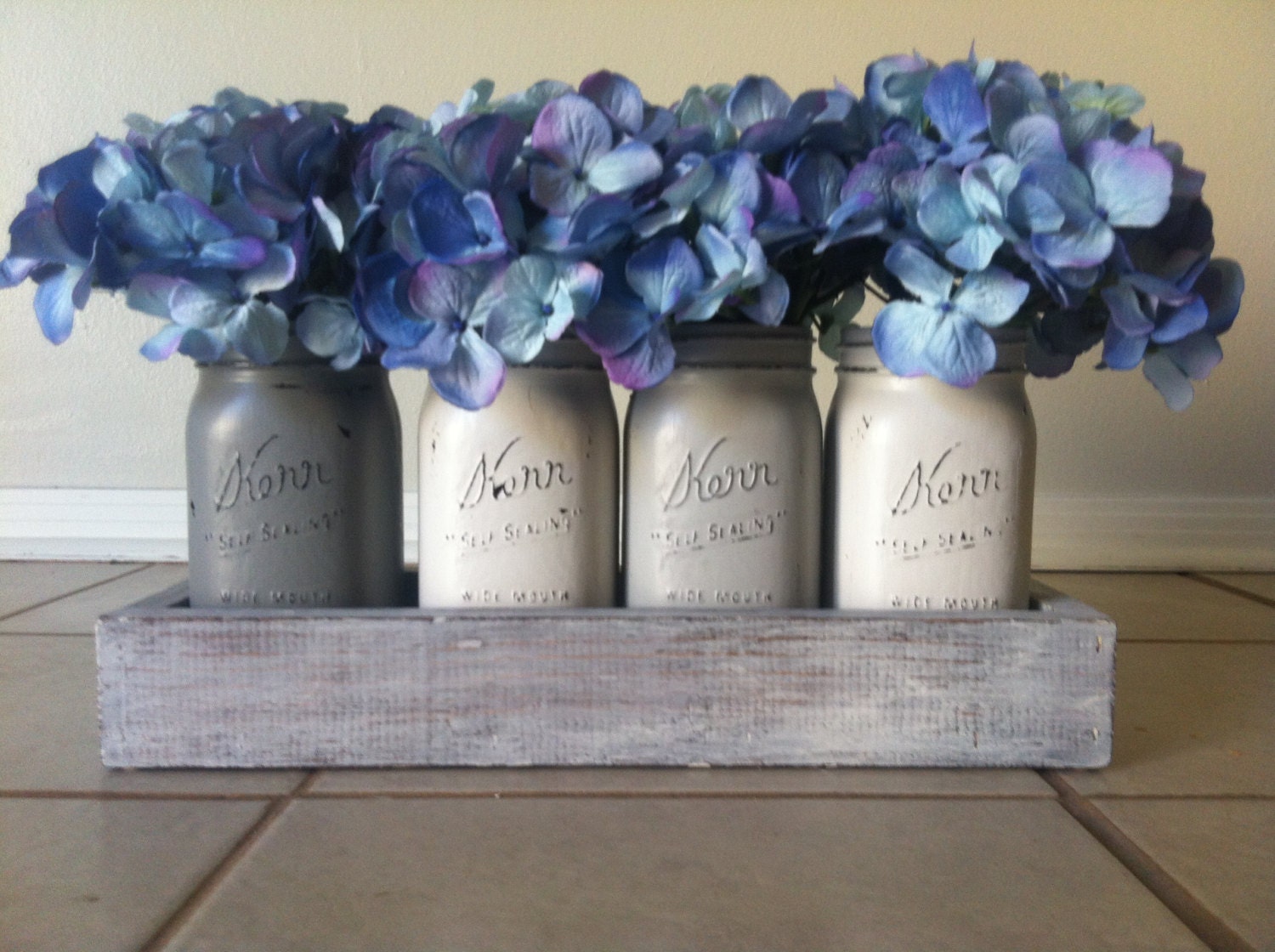 Rustic Mason Jar and wood box table Centerpiece wedding shabby chic distressed vase SHADES OF GREY