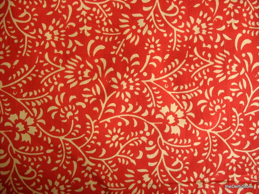 100 Cotton stamped Floral Fabric Burnt Orange by theDelhiStore