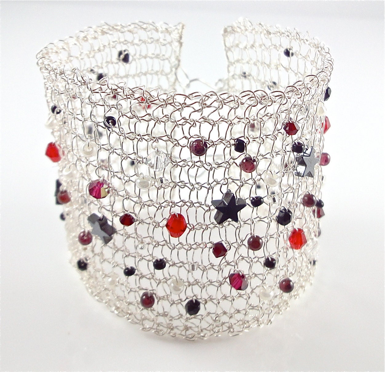 Knitted Wire Cuff Bracelet with Hematite Stars, Garnet and Crystals