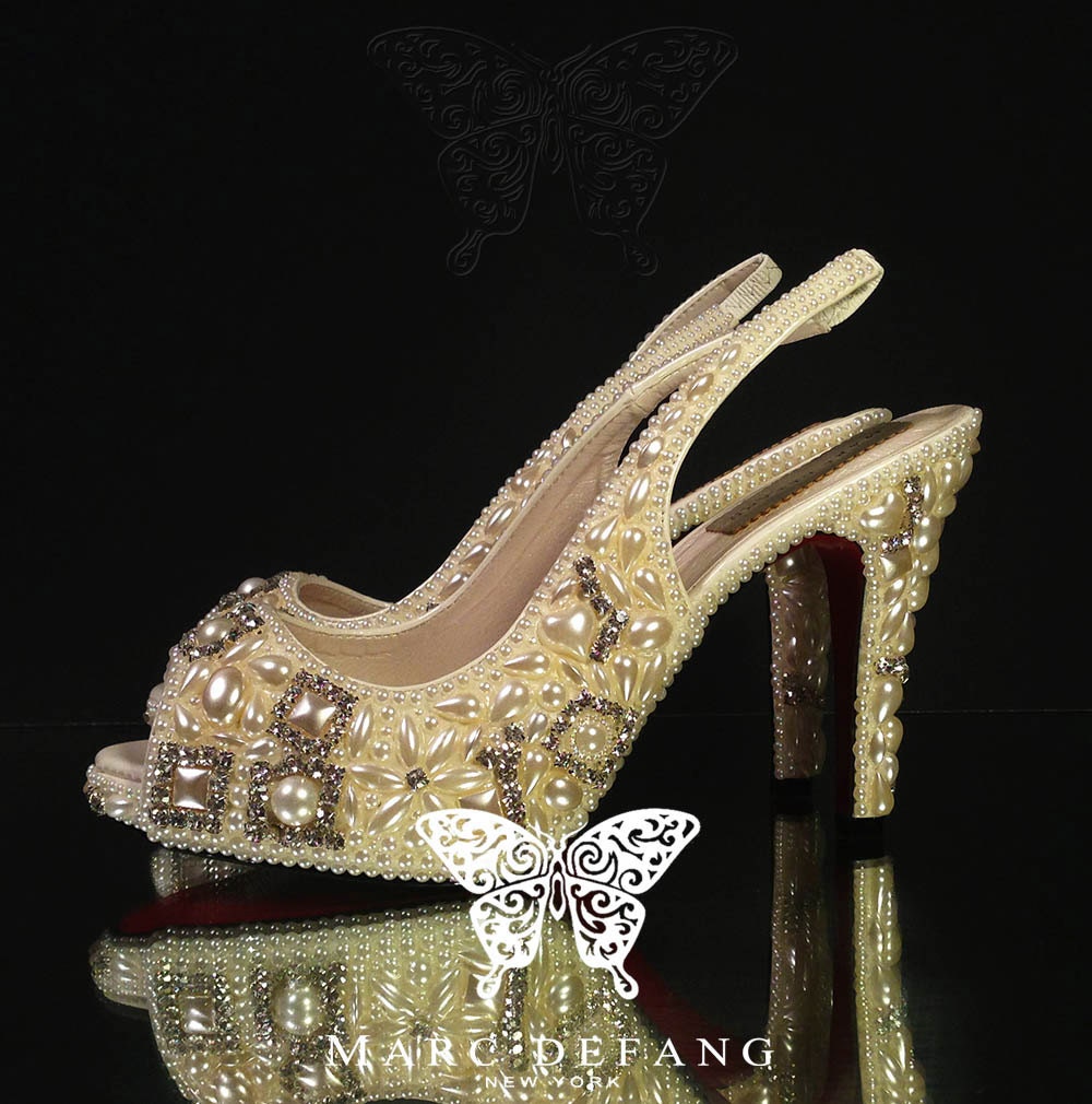 Vintage Ivory Pearl, Clear Crystals Detailing Luxury Slingbacks