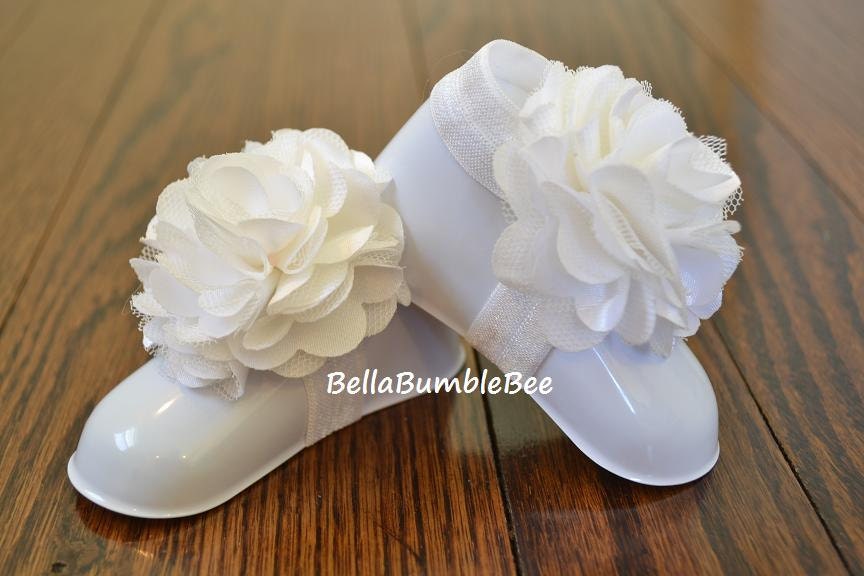 White Baby Barefoot Shabby Flower Sandals for Newborn Infant or Toddler Girls, Satin Mesh Christening Baptism Booties, Bottomless Sandles