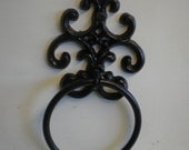 Black-Hand Towel Ring - Fleur de lis Holder - Distressed Cast Iron - Bathroom Metal Fixture - Accessory Rack - Shabby Chic