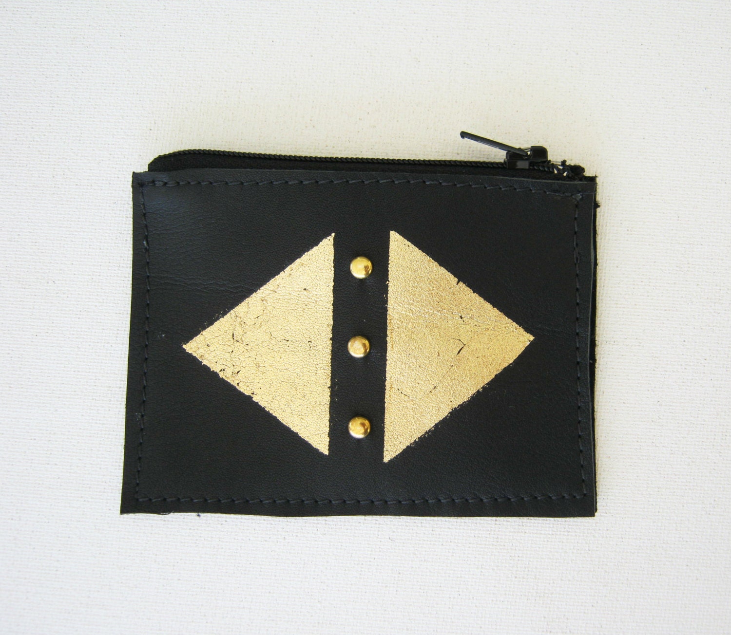 Small Black Leather Pouch with Distressed Gold Triangle and Brass Detail Embellishment