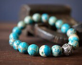 Natural Blue Turquoise Crazy Lace Agate Bracelet . Natural Stones . Sterling Silver Bali Bead