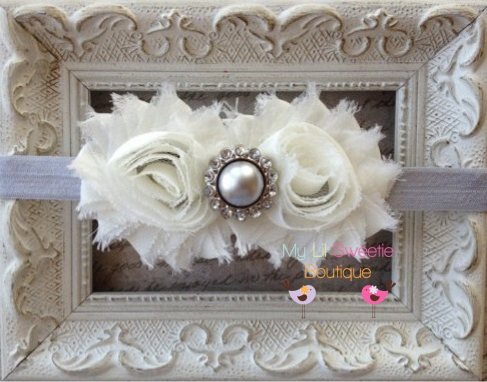 Gray and Ivory Chiffon Headband with Pearl Center - Newborn Headband-  Baby Girl Headband - Toddler Headband - Adult Headband