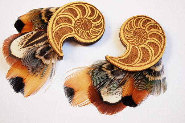 Feathered Chambered Nautilus Earrings Sacred Geometry Lightweight Renewable Materials Lasercute Wood