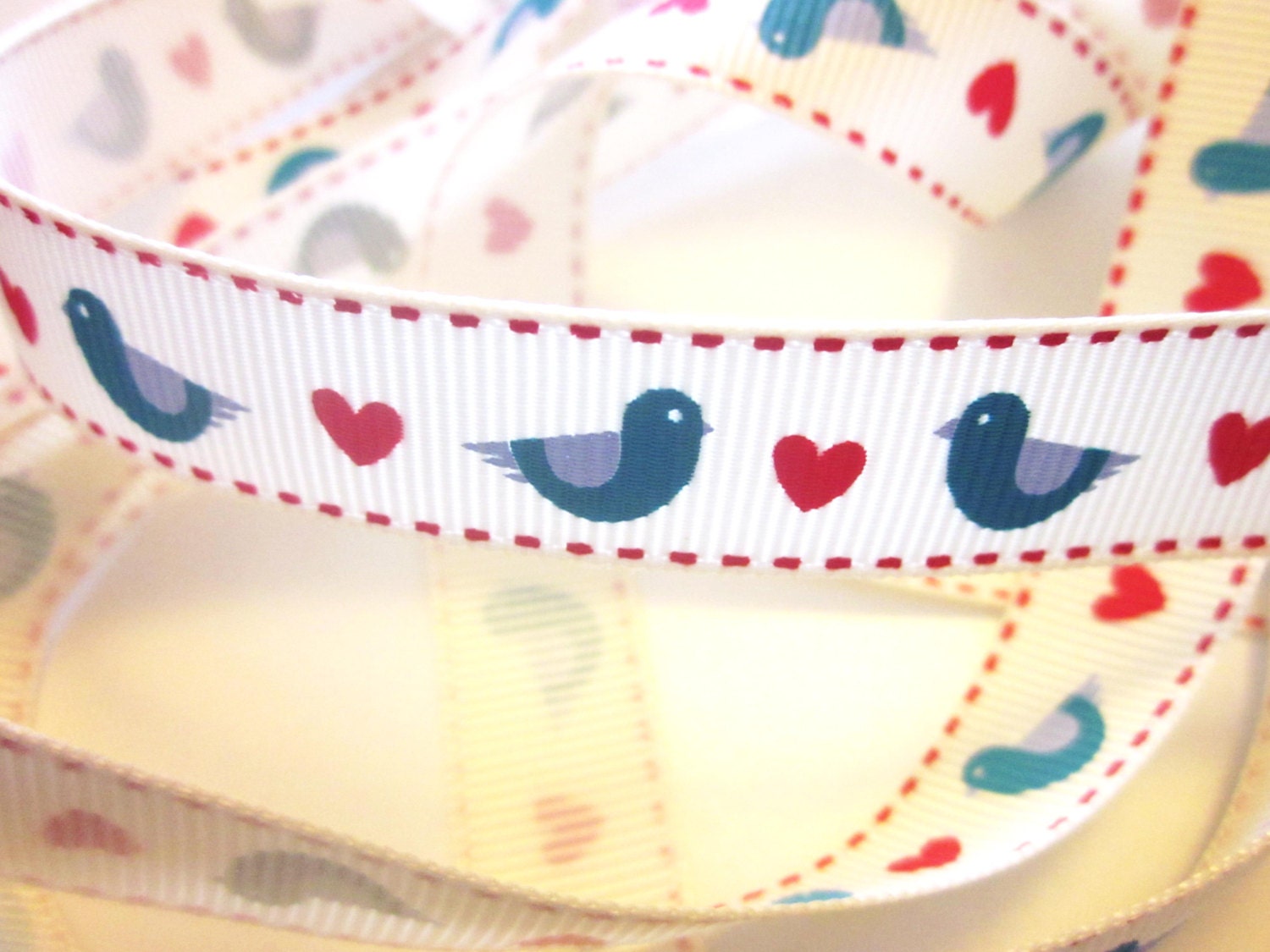 Birds and Hearts Grosgrain Ribbon 16mm Wide x 1 Metre