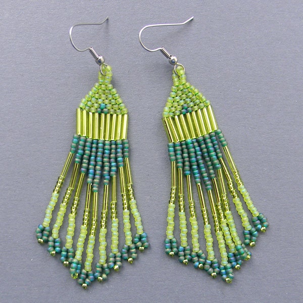 Long Green Seed Bead Earrings - dangle earrings, beaded jewelry, spring, summer