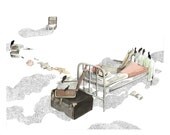 The Unmade Bed, print of watercolour drawing