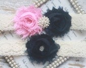 Navy and Pink Bridal Garter and Toss Garter - Blue Wedding Garter Set - Ivory or White Stretch Lace