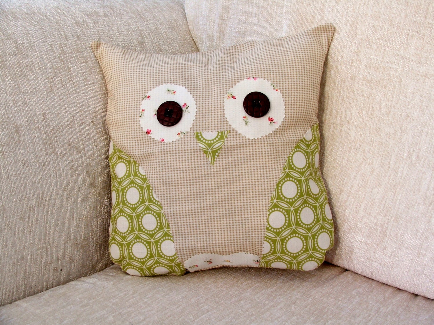 Green Patchwork Owl Cushion