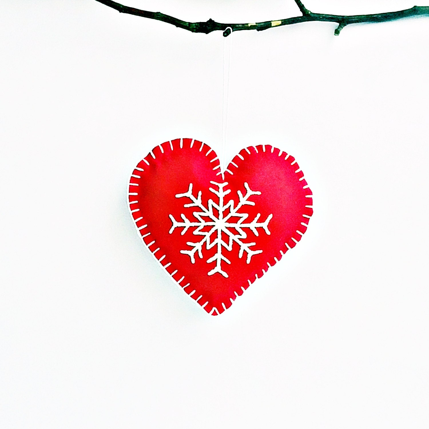 SALE 20% Winter Large Hanging Fabric Love Heart with Snowflake in Red and White, Hearts Ornament, Valentine's Day Ornament