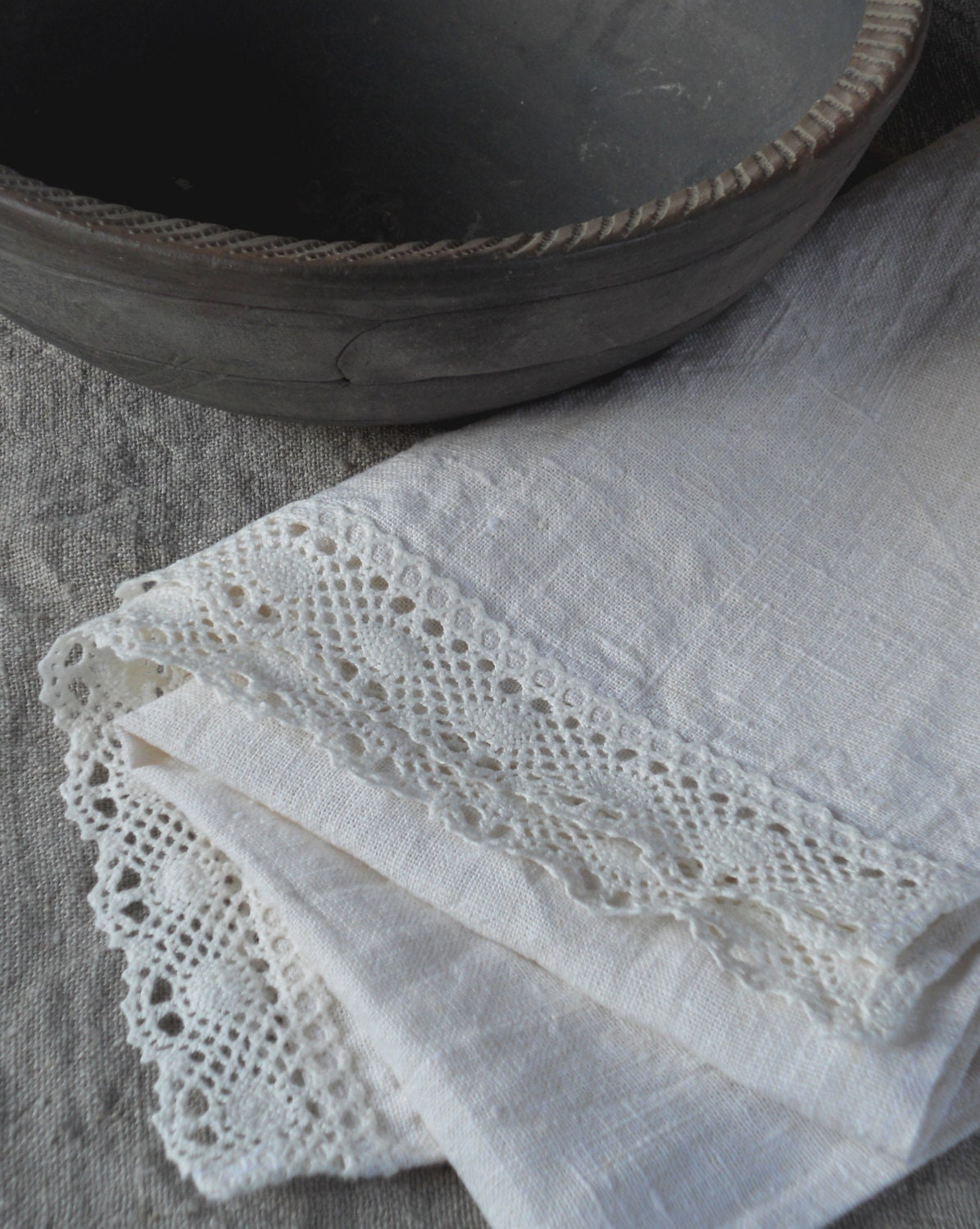 Organic natural linen and lace table runner prewashed wrinkled off white flax burlap runner eco friendly gift