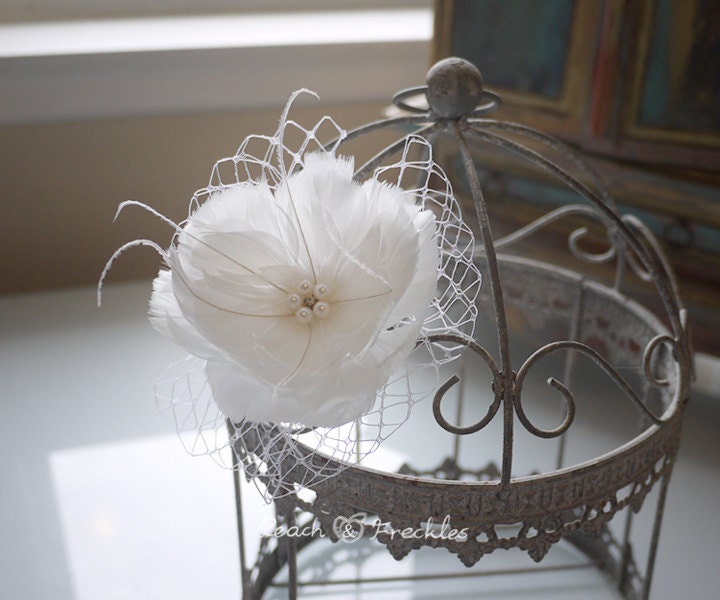 Bridal Feather Fascinator, Wedding Hair Accessory, Goose, Peacock feather, Rhinestone, Faux Pearl, aligator clip, white Tulle