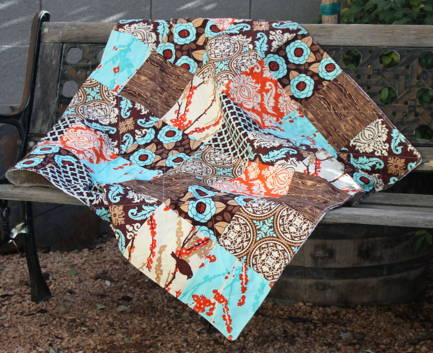 Baby Quilt for Boy, Modern Patchwork Minky Blanket, Handmade, Baby Boy, Joel Dewberry Aviary, Aqua, Brown, Cream, Orange