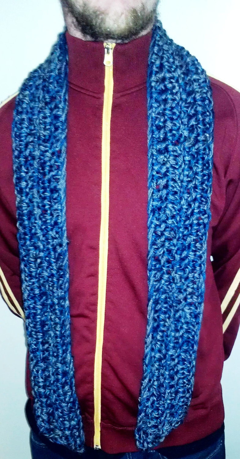 Thick Guys Scarf Crocheted in Steel Grey and Inky Blue Warm Super Soft Touch Yarn Unisex Gift for Him