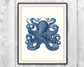 Octopus Art Print - Nautical Beach House Bathroom Art - Navy Blue Octopus