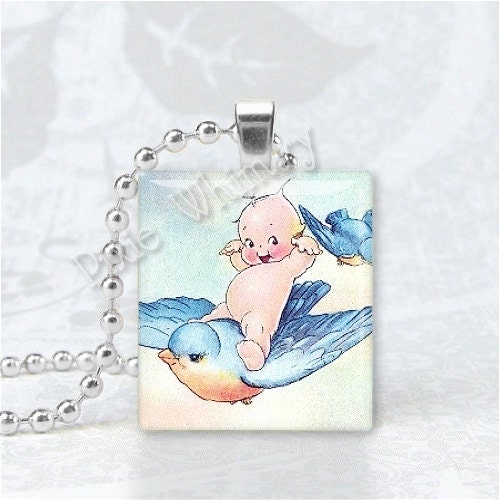 Kewpie and Bluebird Scrabble Tile Pendant Art Charm, Kewpie Doll Jewelry
