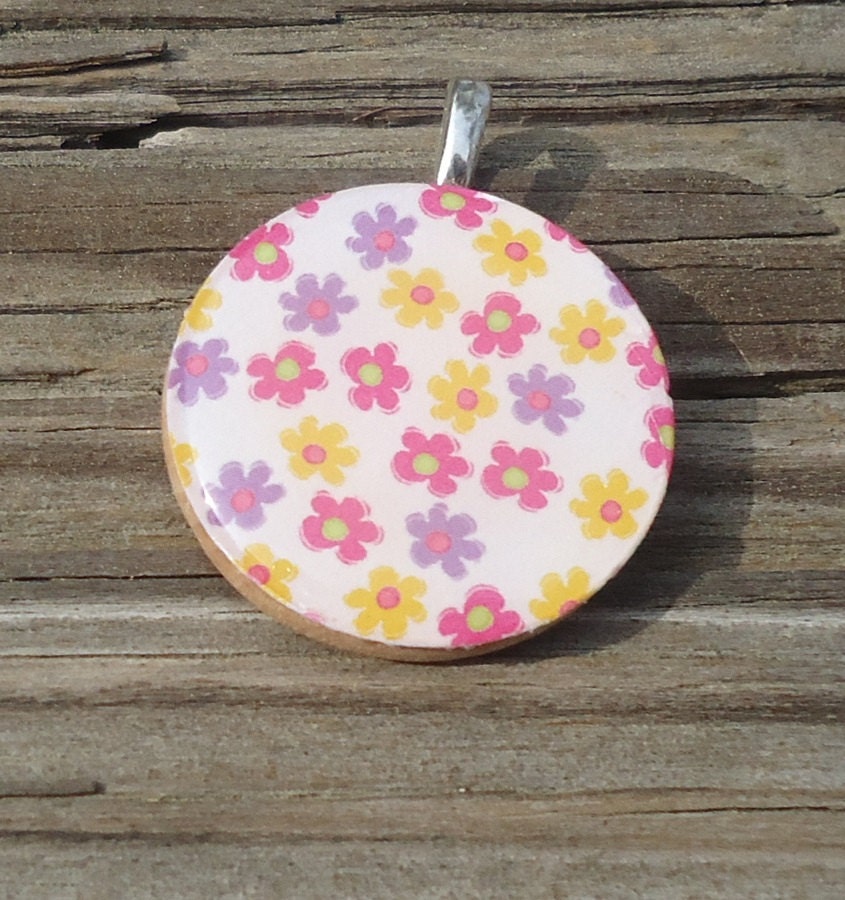 Silver Spring Flowers Wood Pendant, Pink Yellow Purple