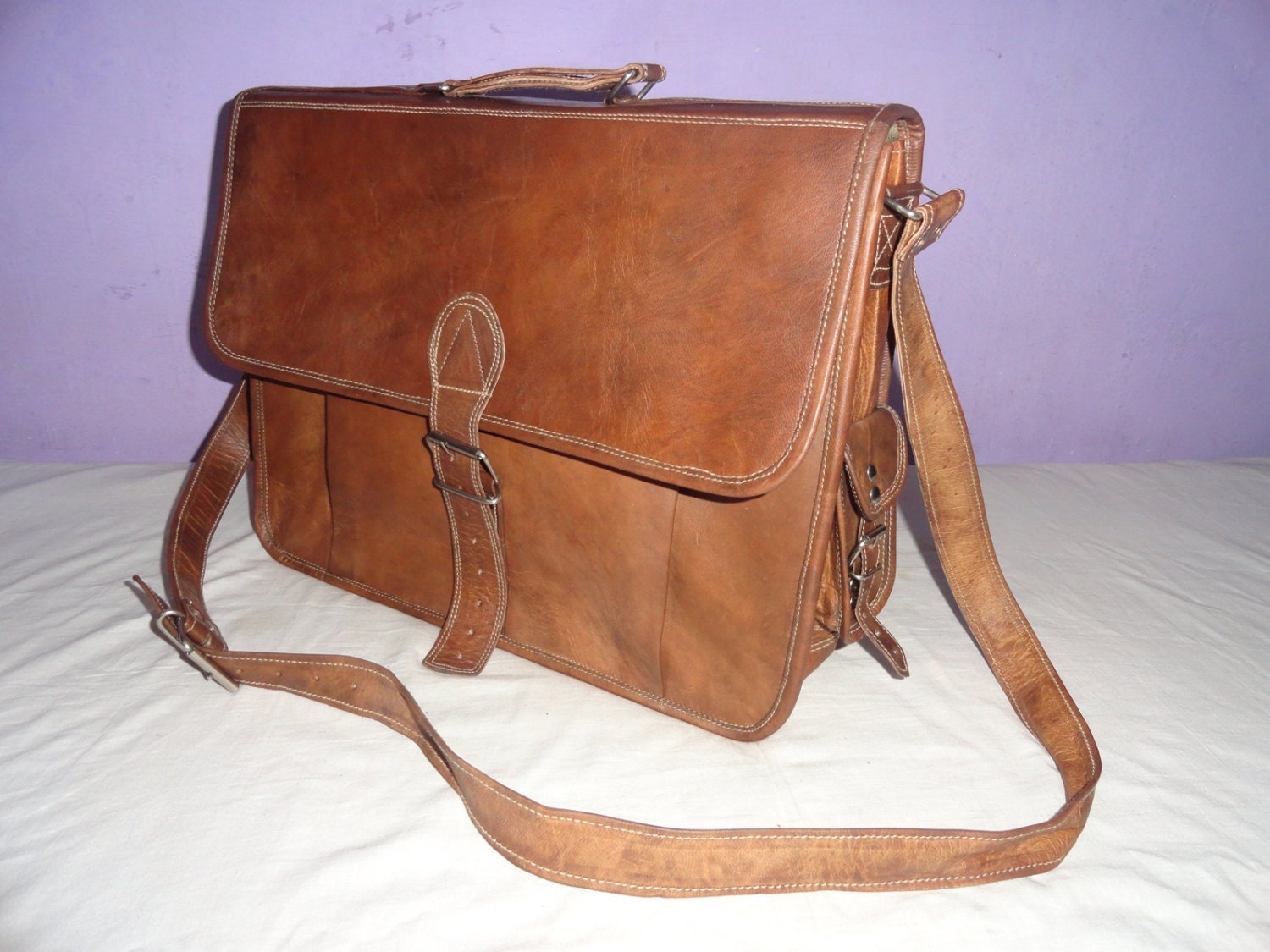 Handmade 16x12" Vintage Genuine Tan Leather Briefcase Office College School Laptop Macbook Briefcase / Bag / Satchel Mother Day Special Gift