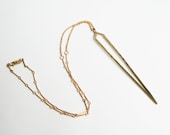 Gold Sharp Necklace, Brass Pendant, Gold Fill Chain, Spike Necklace Statement Necklace