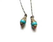 Brass, Turquoise, and Coral Long Chain Dangle Earrings  Handmade   Tibetan Jewelry, Exotic Earrings, Teal, Blue, Gold