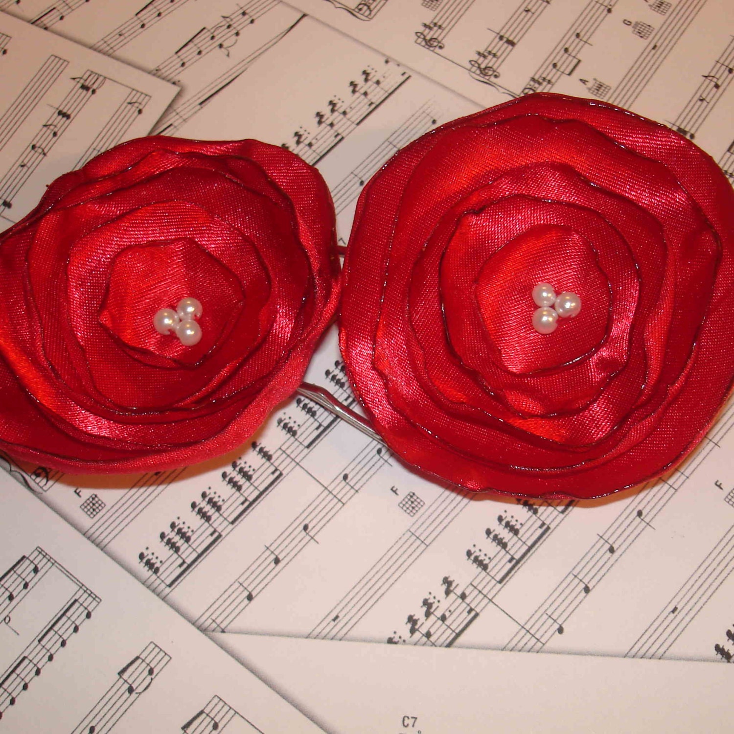 Wedding Hair Flowers - Set of 2 Red Fabric Flower Hair Clips
