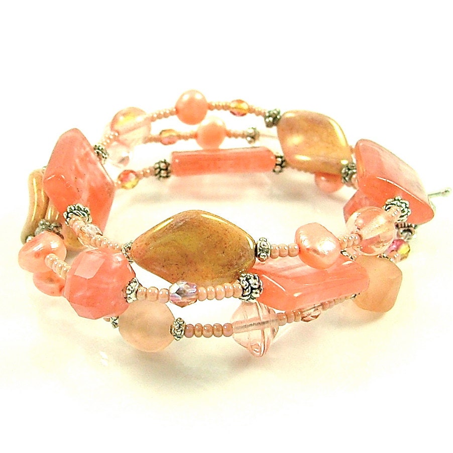 Peachy Keen Coral Triple Wrap Beaded Bracelet, Double Wrap Anklet or 22" Necklace