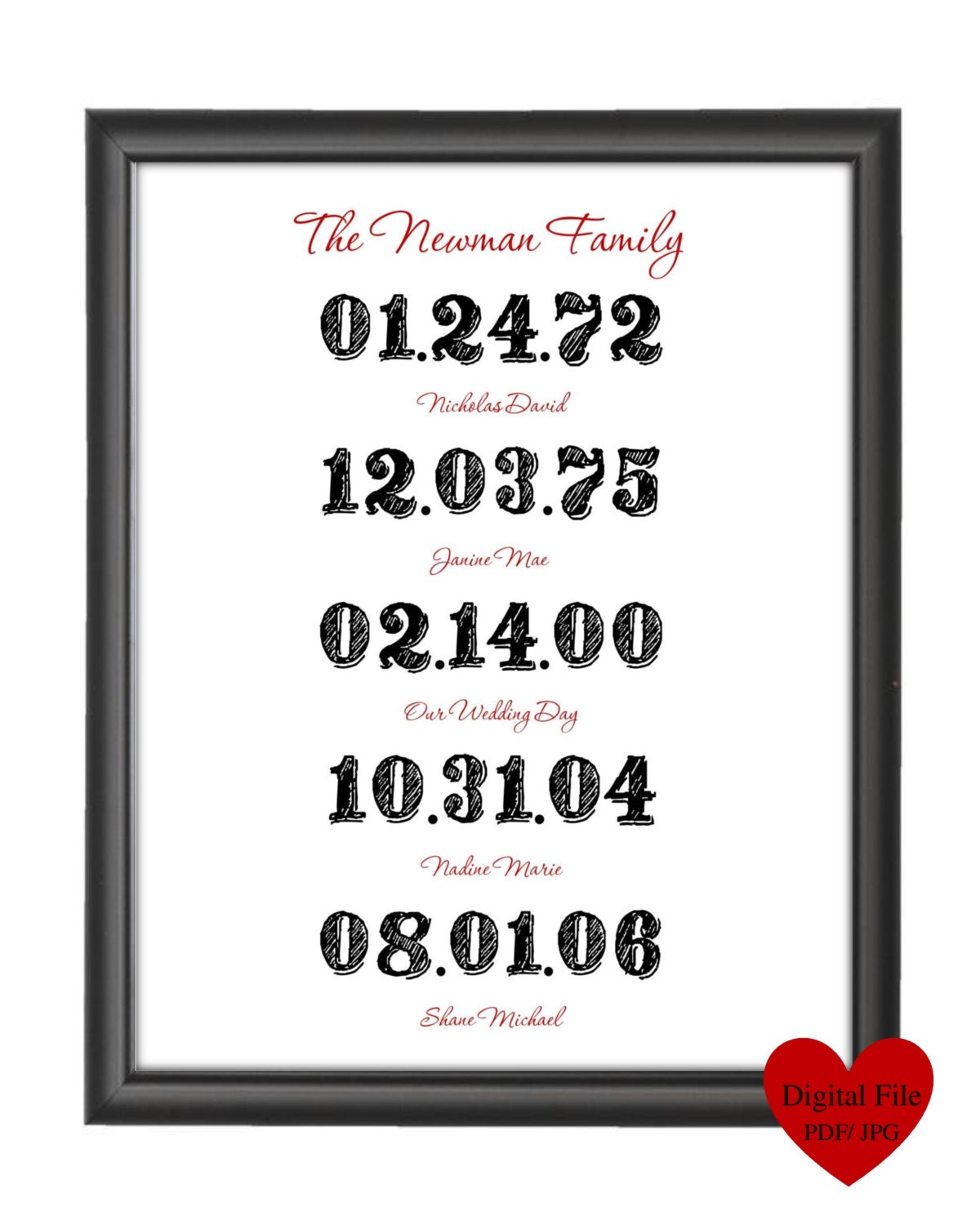 Printable (PDF) Vintage Style Special Dates Print. Can do any colors. No. 133 Il_170x135