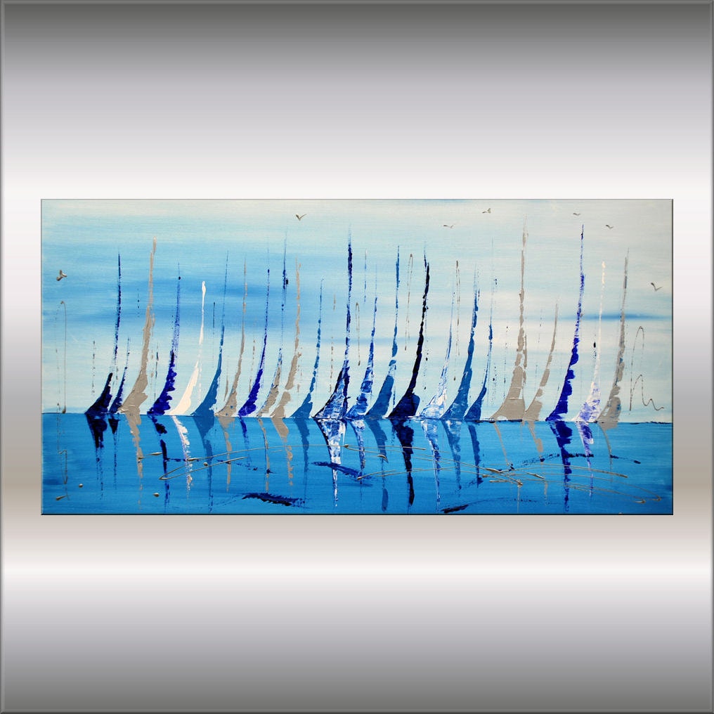 Original Modern Abstract Painting Contemporary blue silver Fine Art 18x35" ready to hang by Ettis Gallery