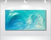 Abstract Painting Original Modern Contemporary Blue Silver Fish Fine Art 16" x 32 " by Ettis Gallery FAST SHIPPING