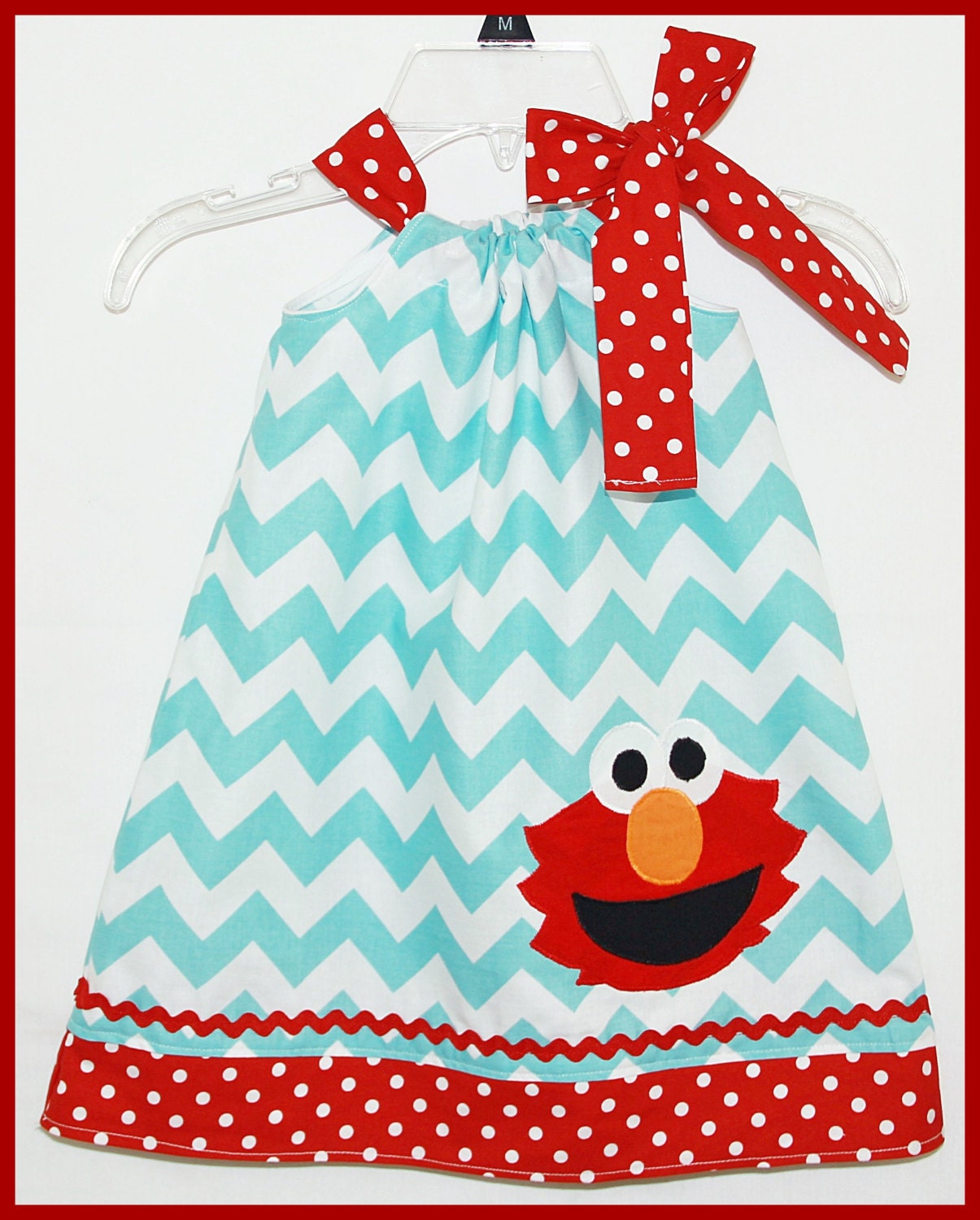 Super Cute Sesame Street Inspired Elmo Aqua Chevron applique Dress