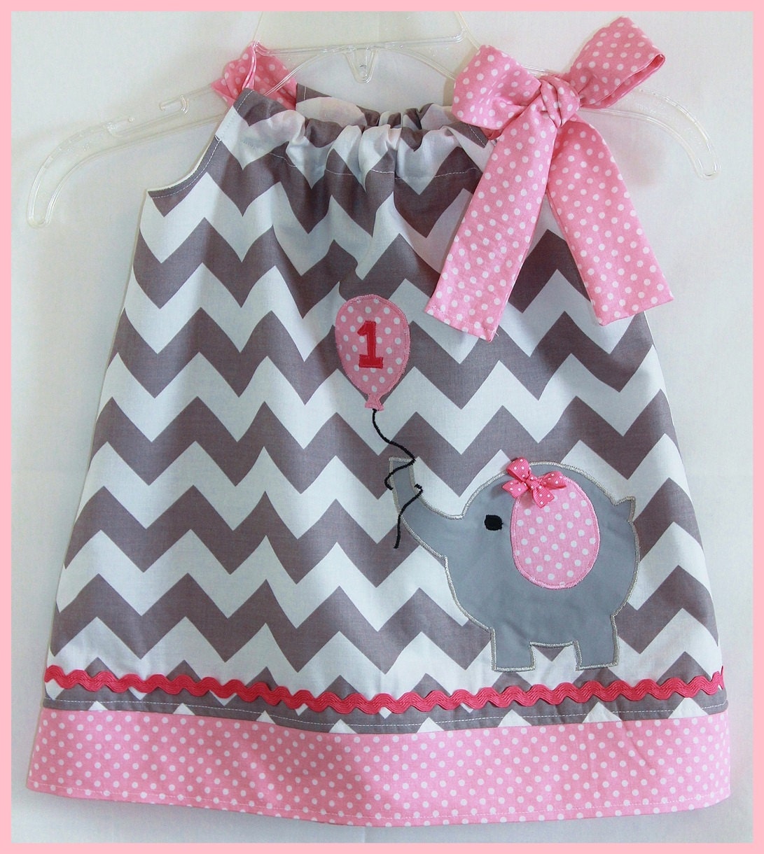 Super Cute Gray Chevron Stripe and Pink Polka dot Birthday Elephant with Balloon applique dress